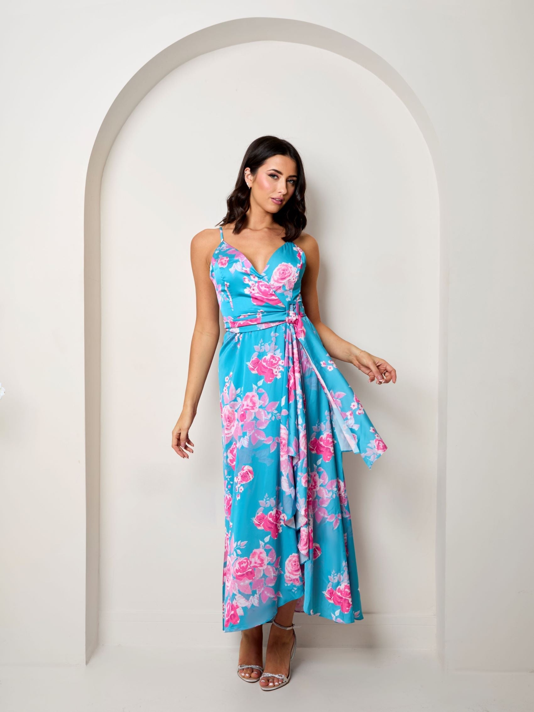 Cami Floral Wrap Midi Dip Hem Dress in Green