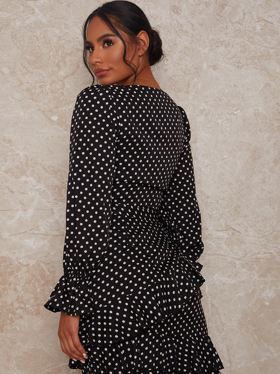 Polka Dot Ruffle Midi Skirt in Black