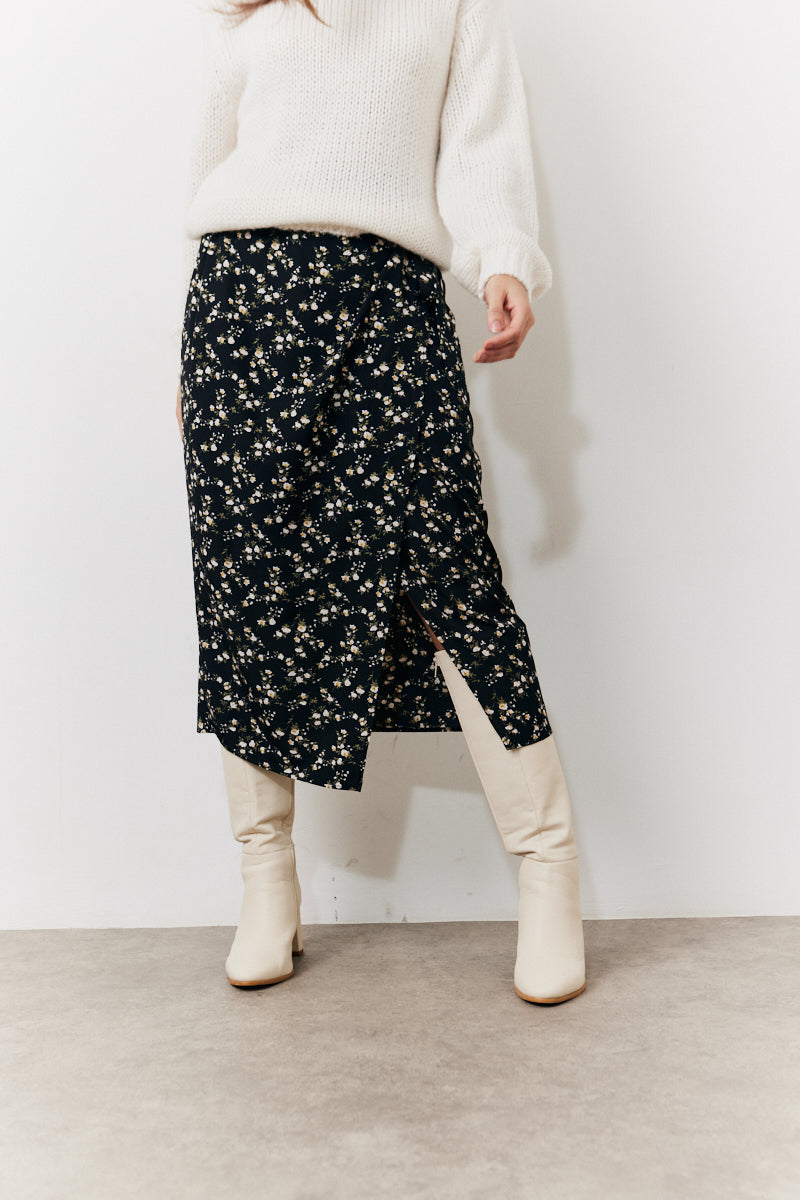 Black Floral Wrap Midi Skirt