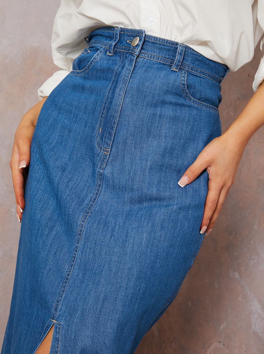 Split Hem Demin Maxi Skirt in Blue